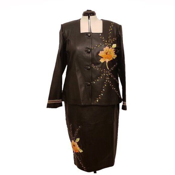 Darshi Dresses & Skirts - Darshi Women's 2-pc Black Leather Suit with Embroidered Jacket and Skirt, SZ 22